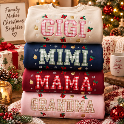 Embroidered Gigi Mimi Mama Christmas Sweatshirt, Gingham Holiday Pullover, Gift for Mom or Grandma - DL06161026