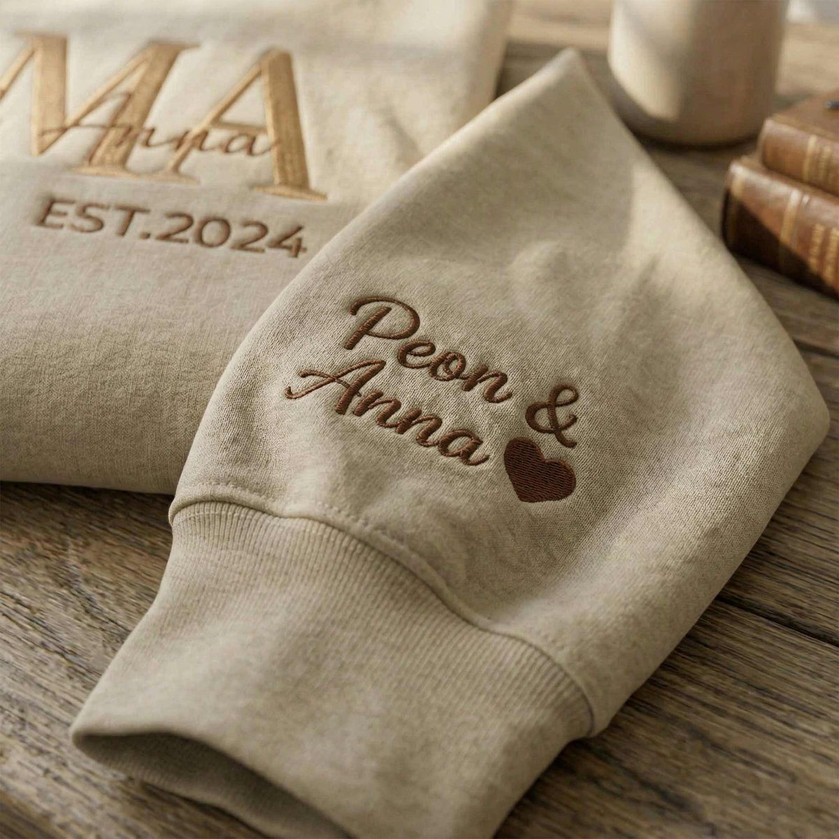 Embroidered Mother's Day Custom Text & With Kid's Names On Sleeve Hoodie Sweatshirt T-Shirt