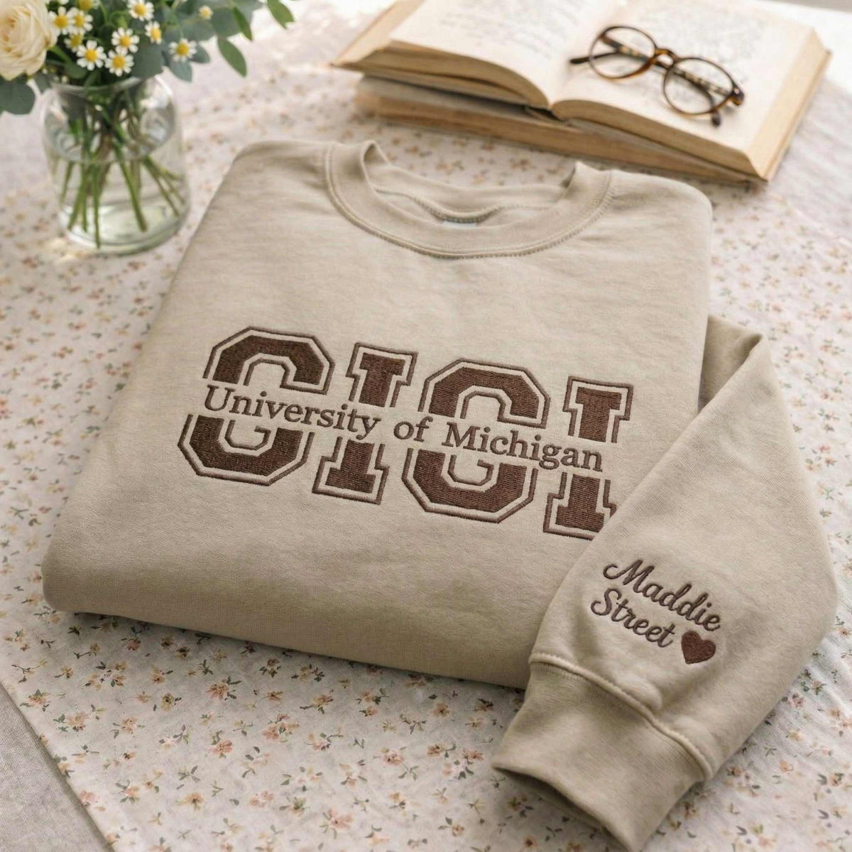 Embroidered Mother's Day Custom Text & University With Kid's Names On Sleeve Hoodie Sweatshirt T-Shirt