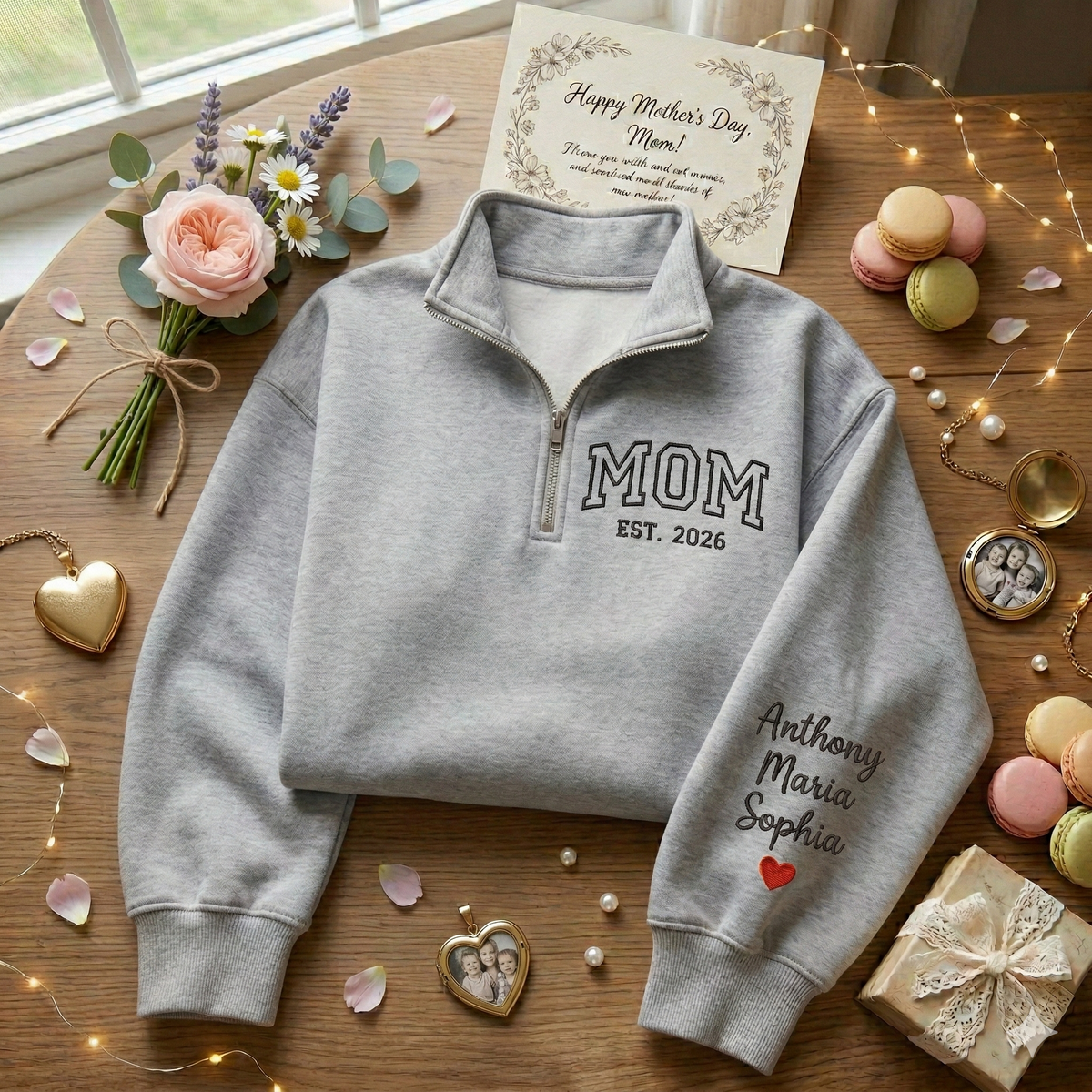 Embroidered Mother's Day Est With Kid's Names On Sleeve Quarter-Zip Sweatshirt, Hoodie Sweatshirt T-Shirt