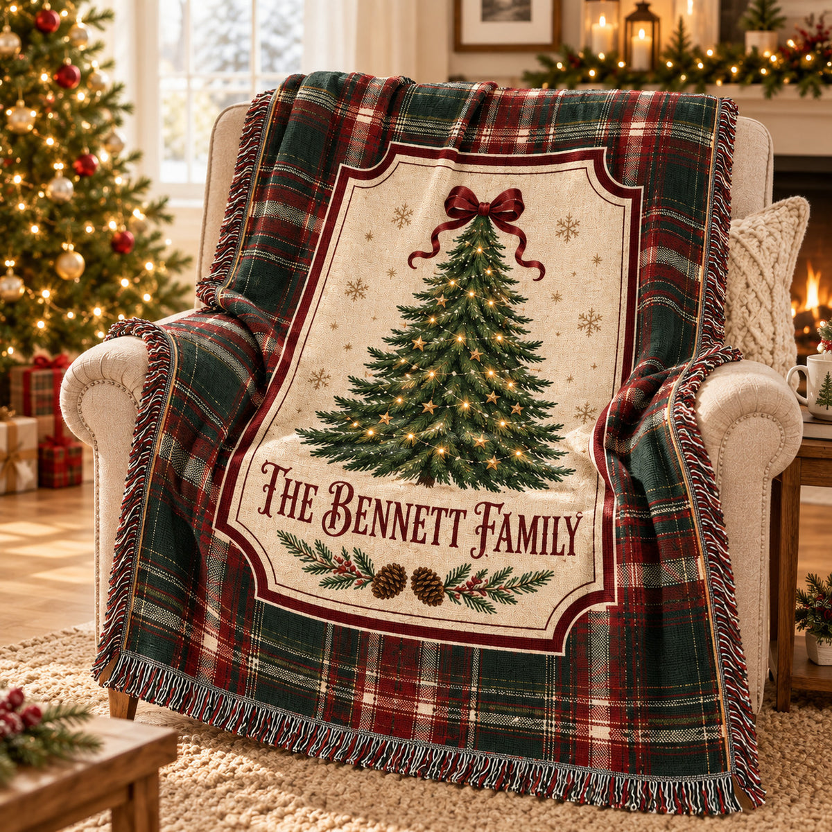 Personalized Christmas Woven Blanket, Custom Family Name Throw with Vintage Tree and Plaid Border