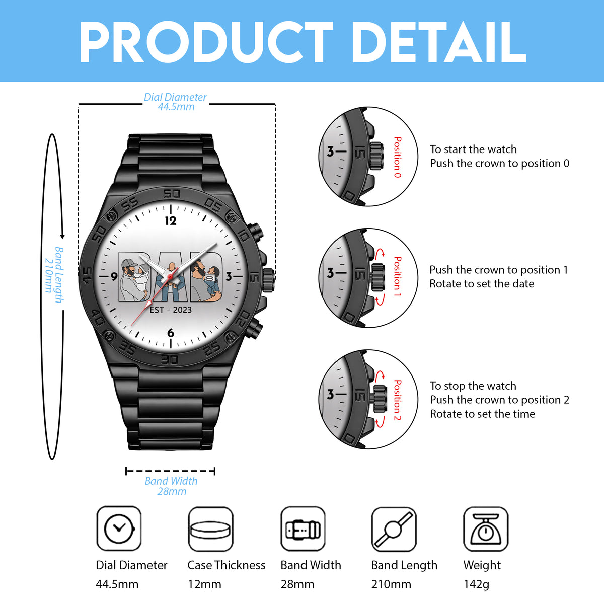 Father's Day Gift For Dad Personalized Alloy Quartz Watch with 3 Family Photos for Dad