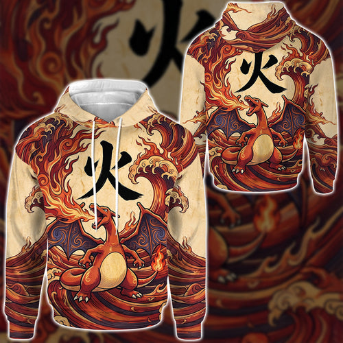Anime PKM Charizard Japanese Kanji Aesthetic All Over Printed Sweatshirt Hoodie Zip Hoodie T-Shirt