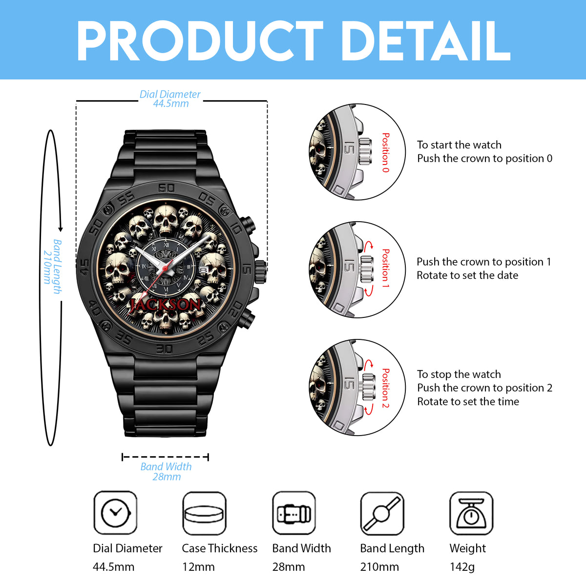 Personalized Halloween Skull Custom Name Quartz Watch