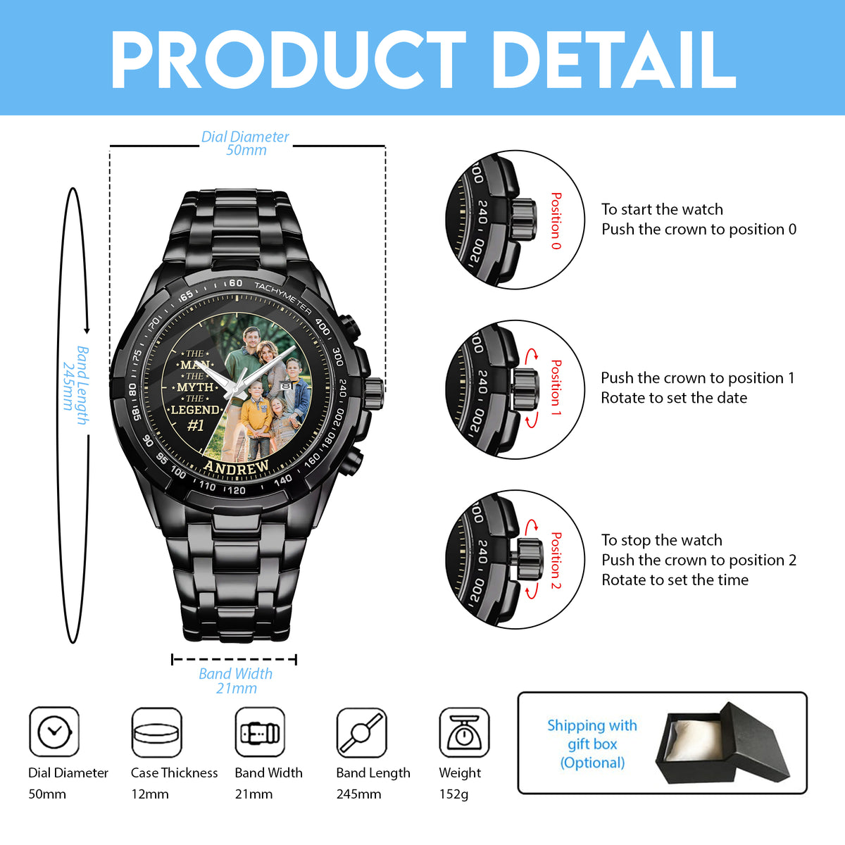 Personalized Family Photo The Man The Myth The Legend Watch Father's Day Gift For Dad