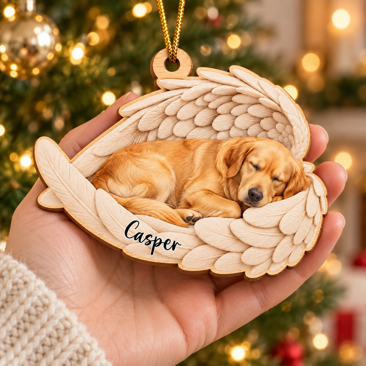 Custom Pet Photo & Name Sleeping Angel Double-Side Printed Wooden Ornament