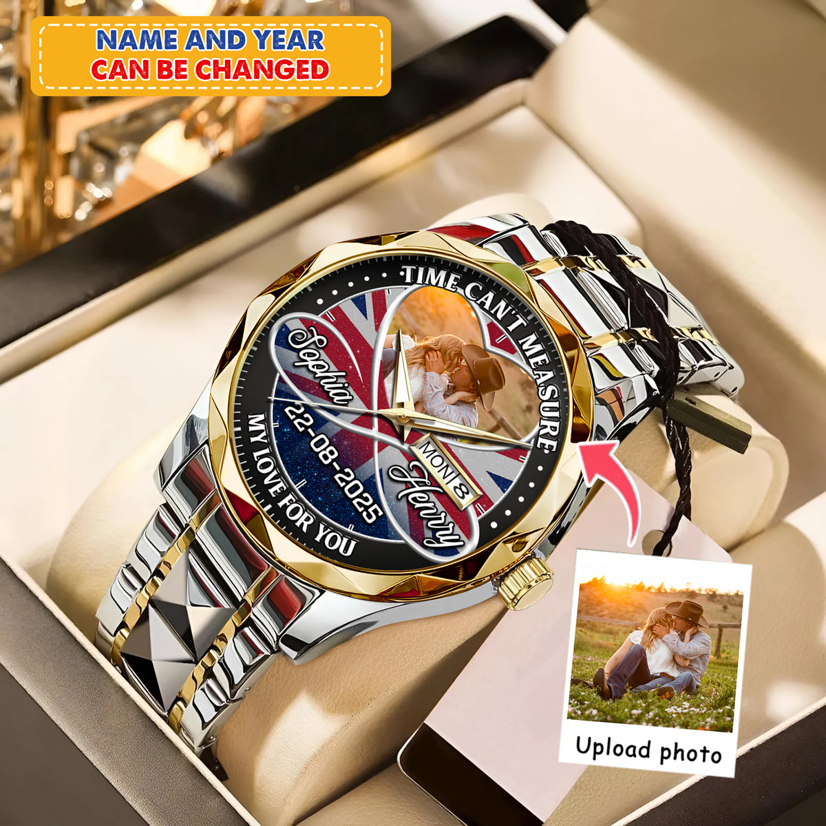 Personalized Family Photo Couple Photo Upload - Custom Stainless Steel Watches - Union Flag Edition