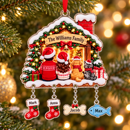 Personalized Family Christmas Ornament with Pets, Custom Name House Ornament, Dog and Cat Keepsake, Family Christmas Gift
