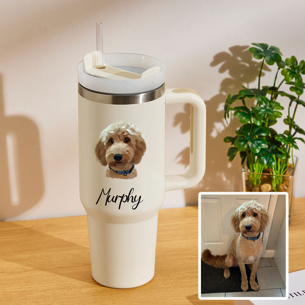 Pet Dog Cat Personalized Text 40oz Insulated Mug with Handle and Straw Stainless Steel Custom Travel Cup Gift for Family Friends Couples