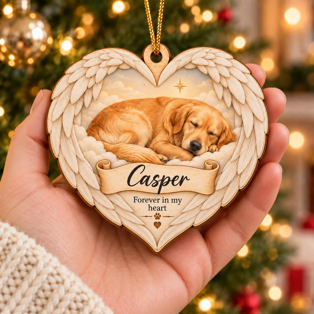 Custom Pet Photo & Name Sleeping Angel Double-Side Printed Wooden Ornament