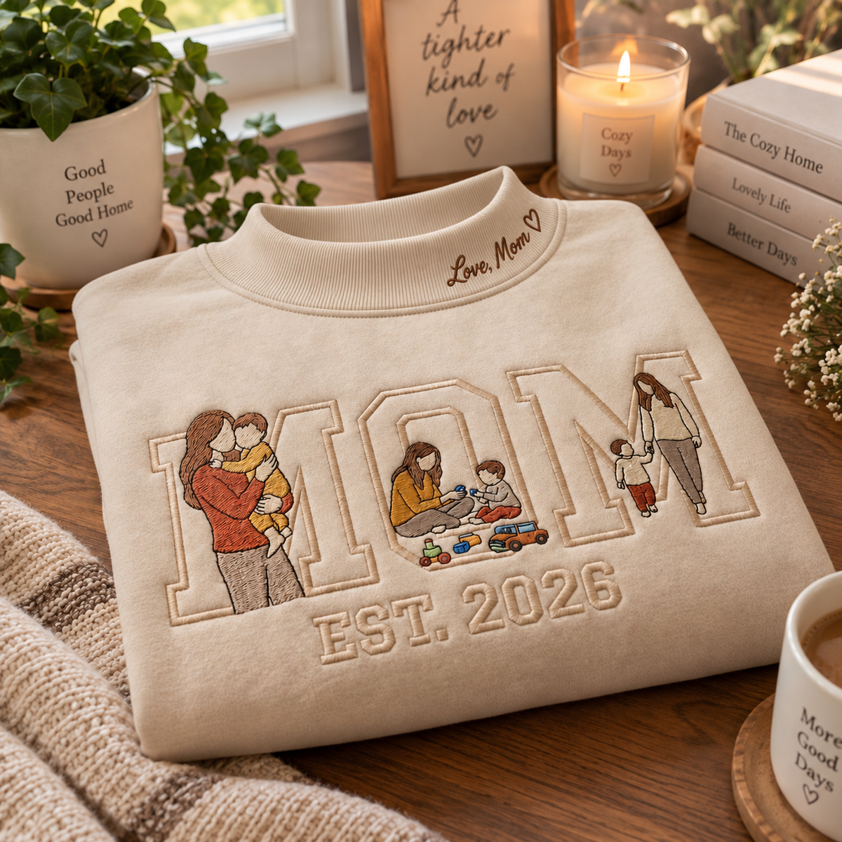 Personalized Embroidered Mom Custom Message On Neck Sweatshirt, Quarter-Zip Sweatshirt