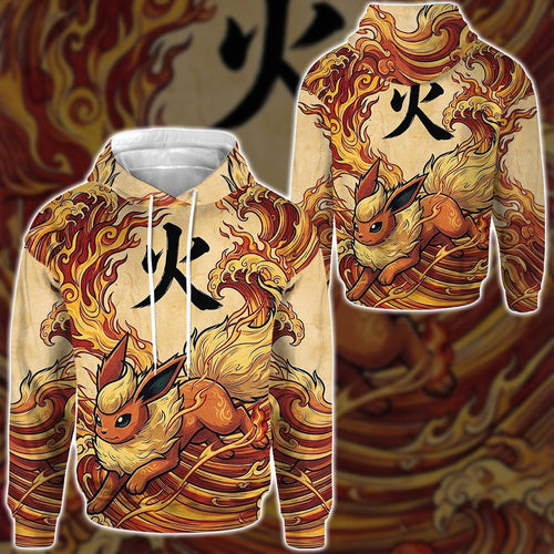 Anime PKM Flareon Japanese Kanji Aesthetic All Over Printed Sweatshirt Hoodie Zip Hoodie T-Shirt