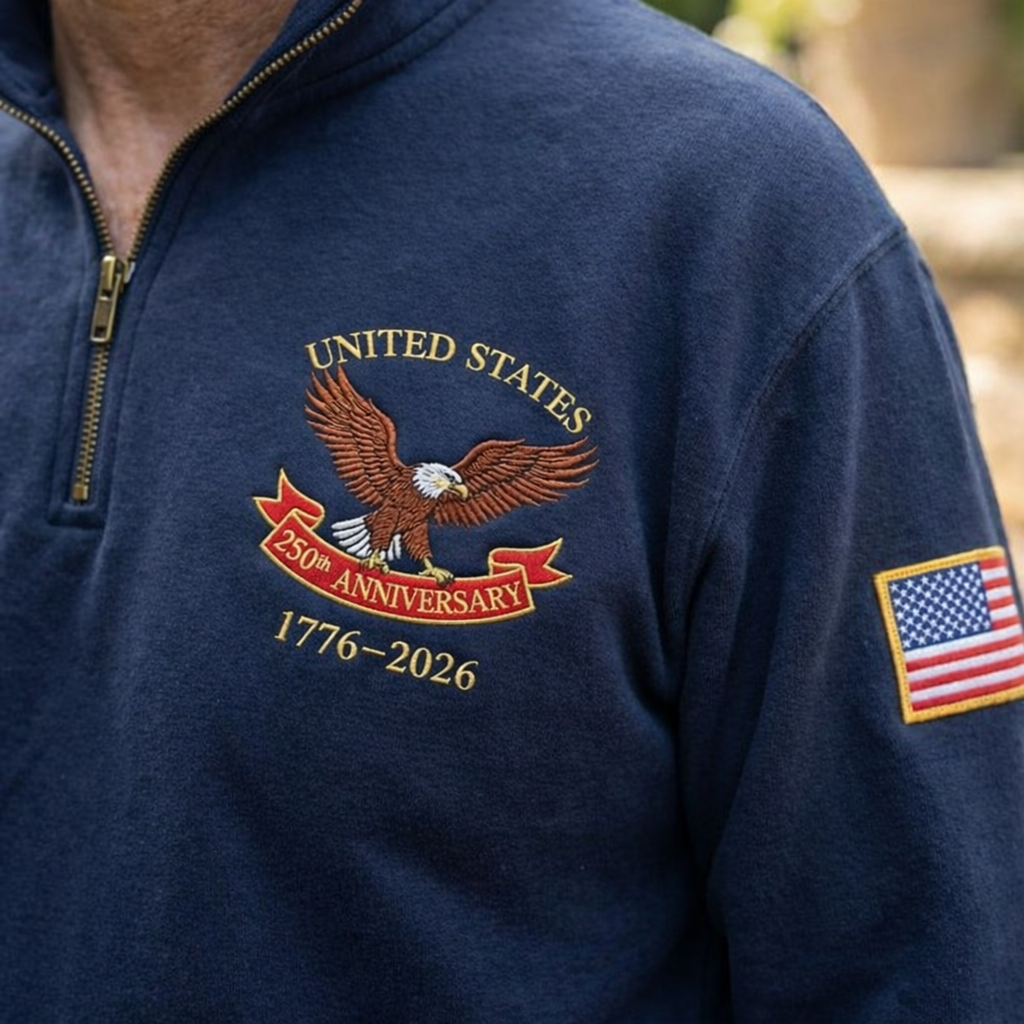Embroidered The US 250th Anniversary Independence Day With Name On Sleeve Quarter-Zip Sweatshirt, Hoodie Sweatshirt T-Shirt