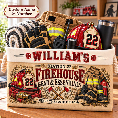 Personalized Firefighter Storage Basket, Custom Name and Station Number, Firehouse Organizer, Firefighter Gift
