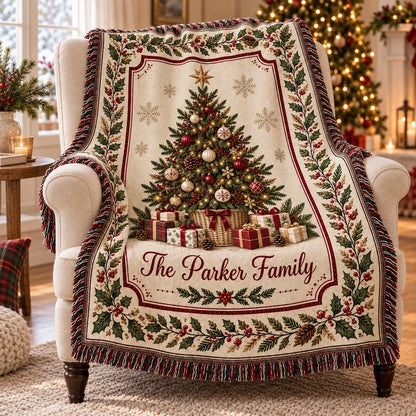 Personalized Christmas Tree Woven Blanket, Custom Family Name Throw with Vintage Holly Berry Border