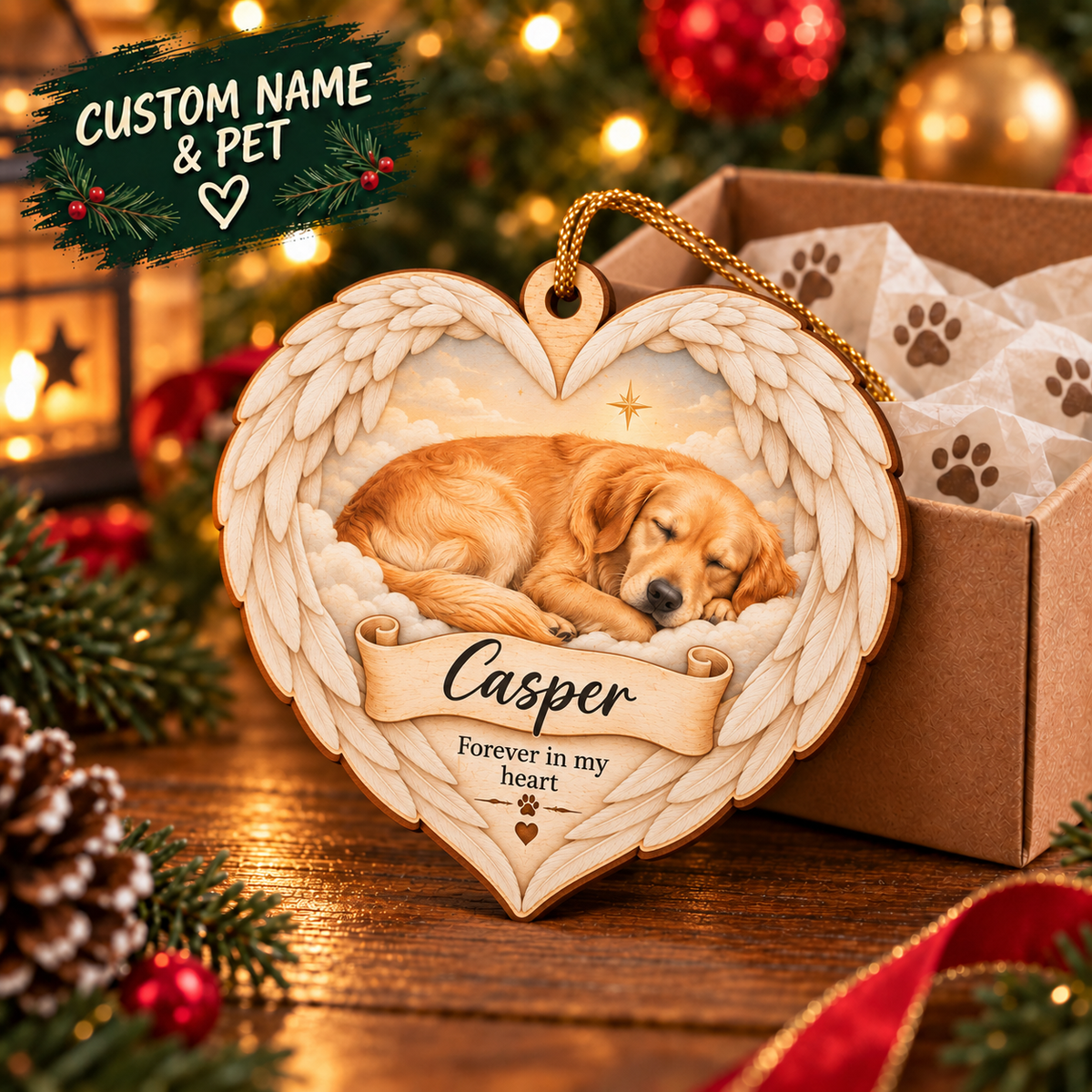 Custom Pet Photo & Name Sleeping Angel Double-Side Printed Wooden Ornament