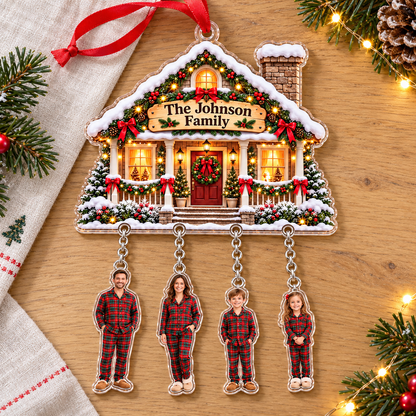 Personalized Family Photo Christmas Ornament, Custom Family Name House with Hanging Photo Charms, Holiday Keepsake Gift