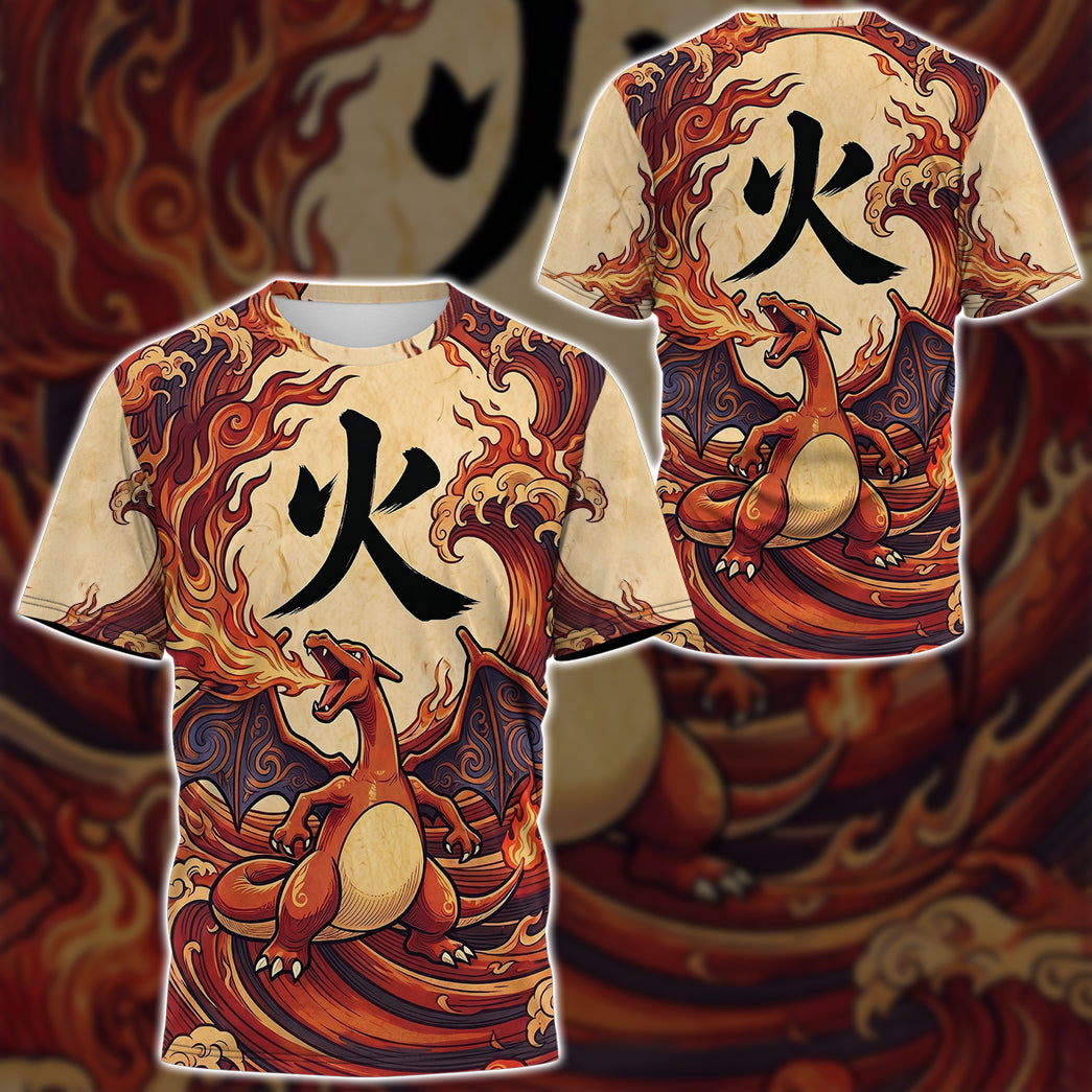 Anime PKM Charizard Japanese Kanji Aesthetic All Over Printed Sweatshirt Hoodie Zip Hoodie T-Shirt
