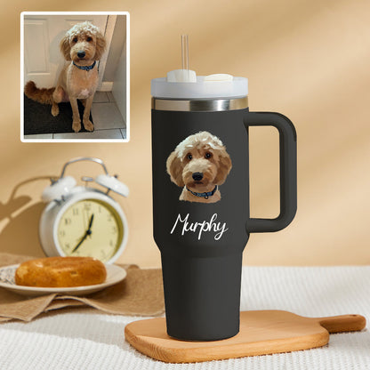Pet Dog Cat Personalized Text 40oz Insulated Mug with Handle and Straw Stainless Steel Custom Travel Cup Gift for Family Friends Couples