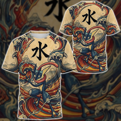 Anime PKM Greninja Japanese Kanji Aesthetic All Over Printed Sweatshirt Hoodie Zip Hoodie T-Shirt