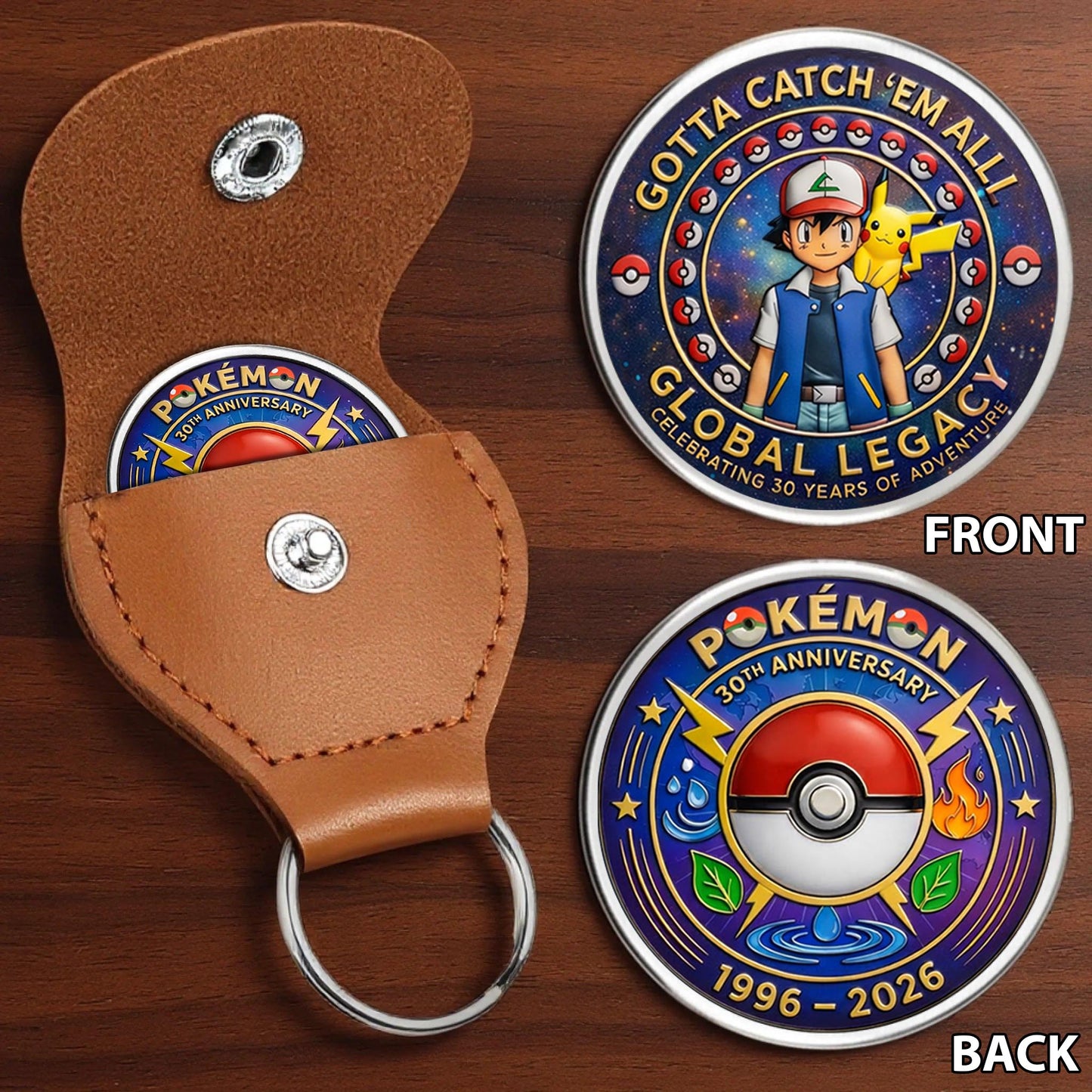 Pokémon 30th Anniversary Printed Commemorative Coin With Pocket Hug Leather Keychain