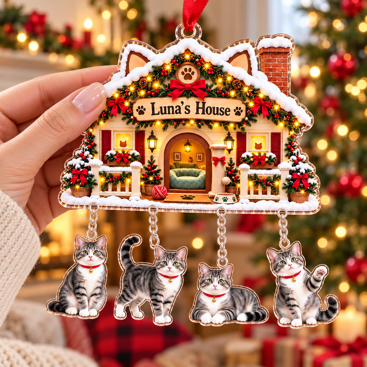Personalized Cat Photo Christmas Ornament, Custom Cat House with Name and Hanging Photo Charms, Pet Keepsake Gift for Cat Lovers