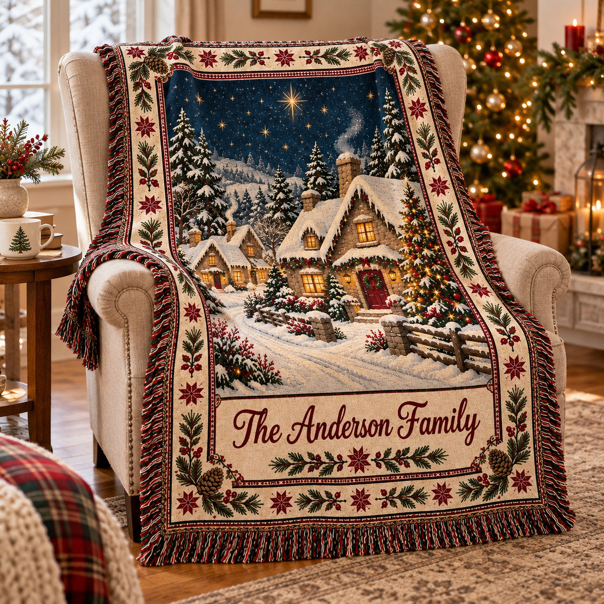 Personalized Christmas Cottage Woven Blanket, Custom Family Name Throw, Snowy Winter Village Holiday Decor