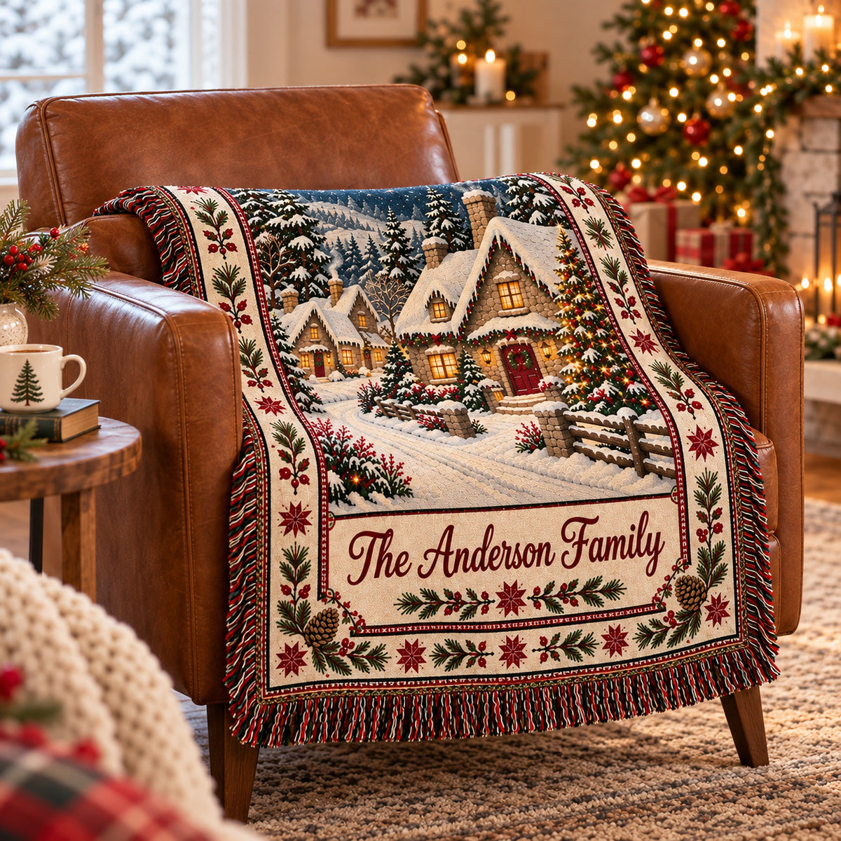 Personalized Christmas Cottage Woven Blanket, Custom Family Name Throw, Snowy Winter Village Holiday Decor