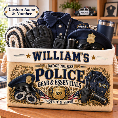 Personalized Police Officer Storage Basket, Custom Name and Badge Number, Law Enforcement Gift