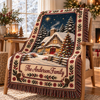 Personalized Christmas Cottage Woven Blanket, Custom Family Name Throw, Snowy Winter Village Holiday Decor
