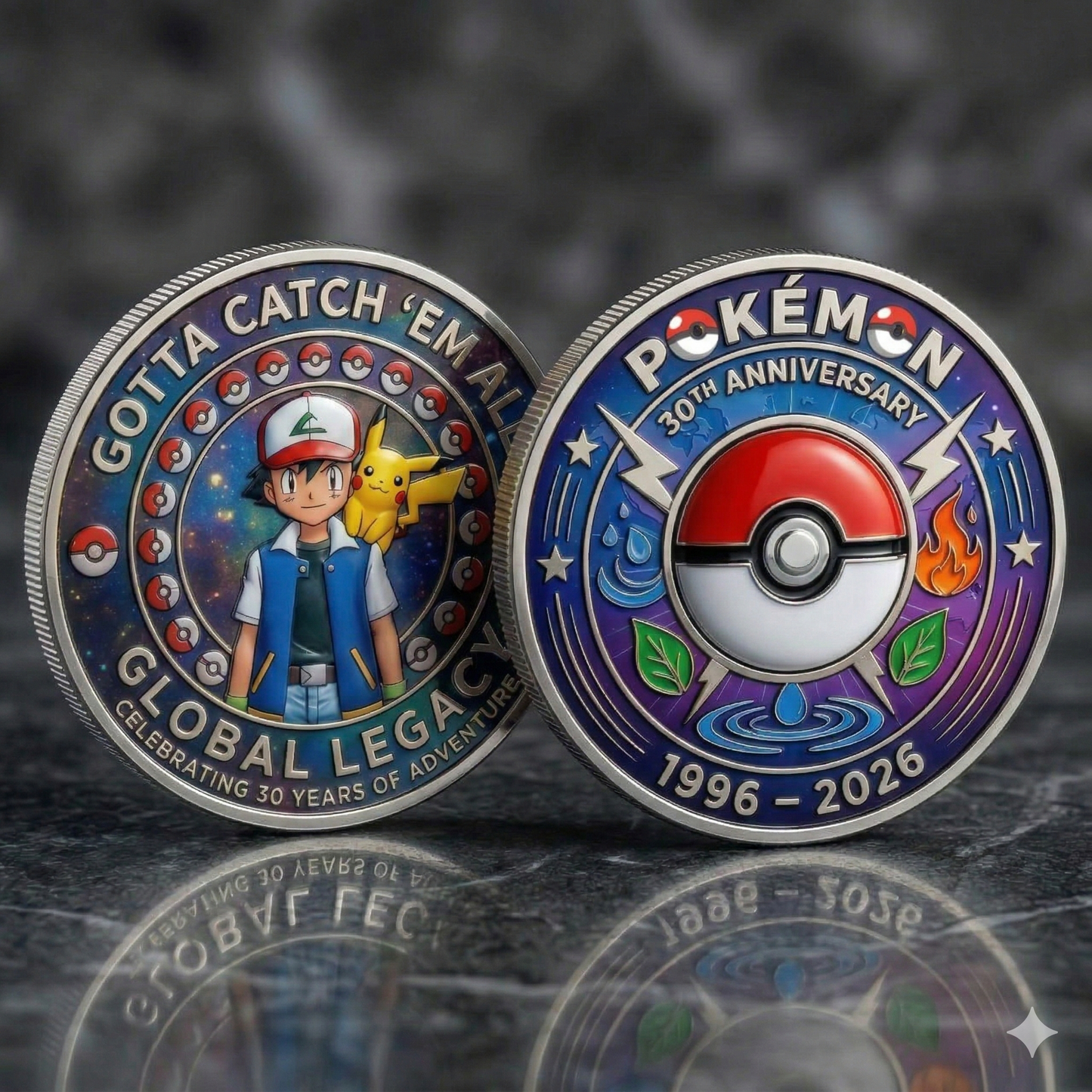 Pokémon 30th Anniversary Printed Commemorative Coin With Pocket Hug Leather Keychain