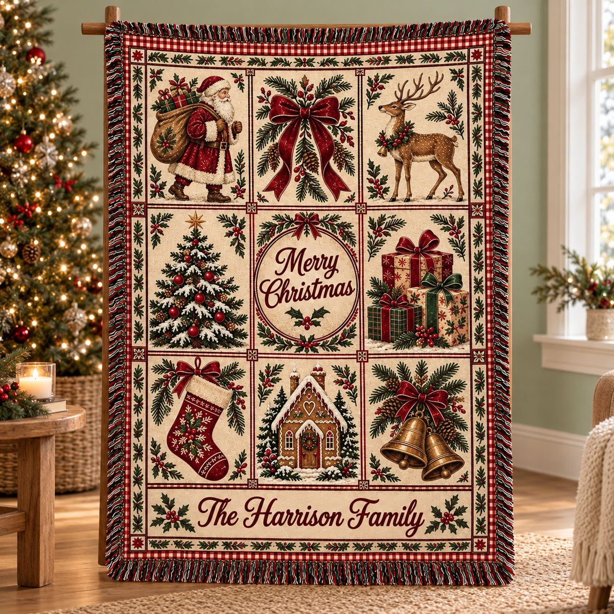 Personalized Christmas Woven Blanket, Custom Family Name Throw, Vintage Santa Patchwork Style Holiday Decor
