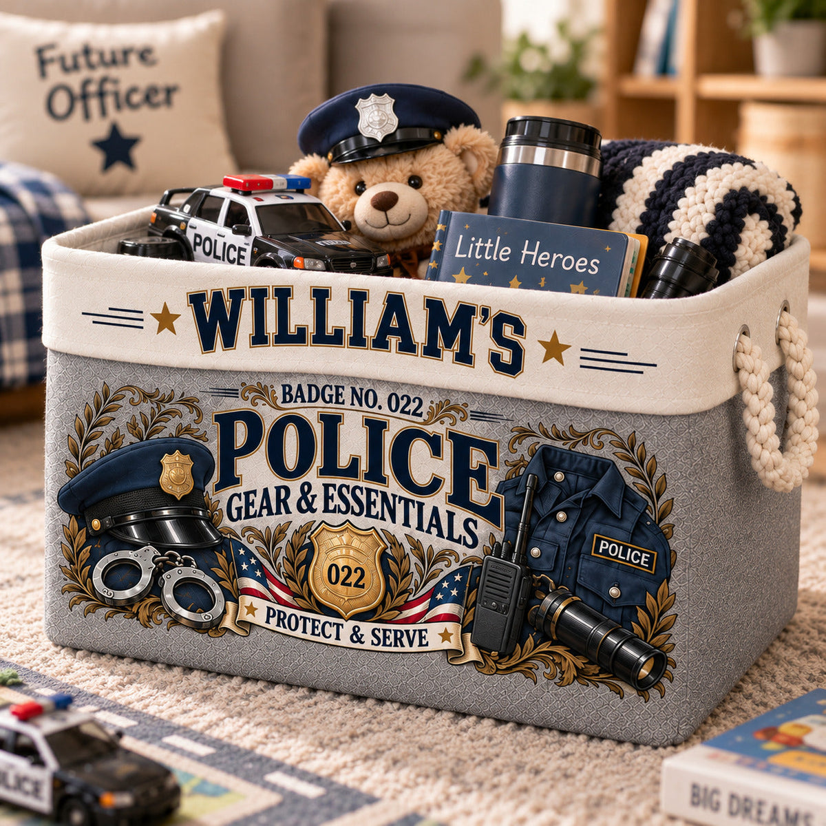Personalized Police Officer Storage Basket, Custom Name and Badge Number, Law Enforcement Gift