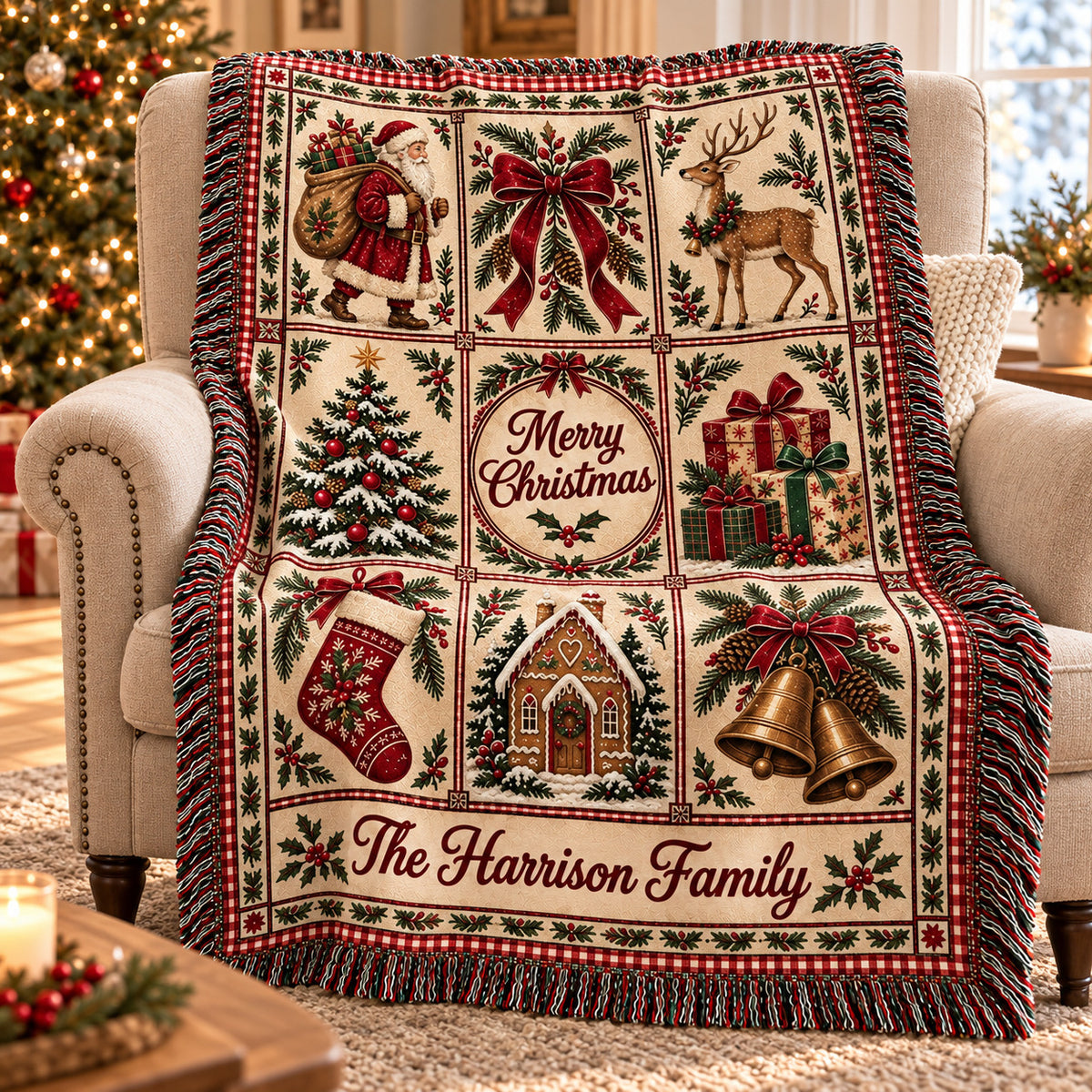 Personalized Christmas Woven Blanket, Custom Family Name Throw, Vintage Santa Patchwork Style Holiday Decor