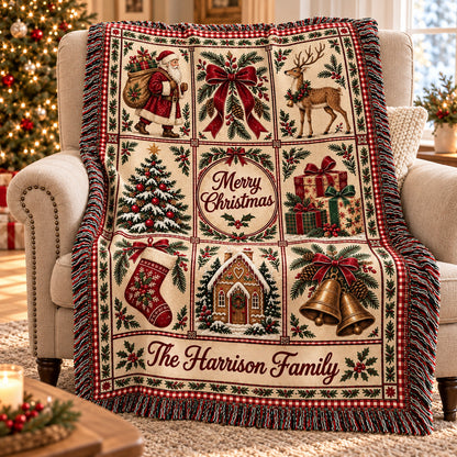 Personalized Christmas Woven Blanket, Custom Family Name Throw, Vintage Santa Patchwork Style Holiday Decor