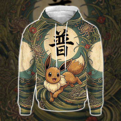 Anime PKM Eevee Japanese Kanji Aesthetic All Over Printed Sweatshirt Hoodie Zip Hoodie T-Shirt