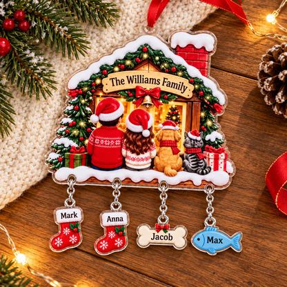 Personalized Family Christmas Ornament with Pets, Custom Name House Ornament, Dog and Cat Keepsake, Family Christmas Gift