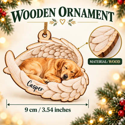 Custom Pet Photo & Name Sleeping Angel Double-Side Printed Wooden Ornament