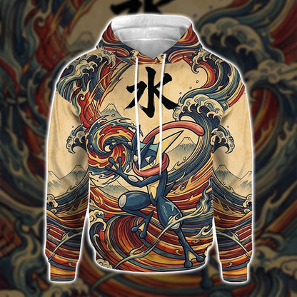 Anime PKM Greninja Japanese Kanji Aesthetic All Over Printed Sweatshirt Hoodie Zip Hoodie T-Shirt