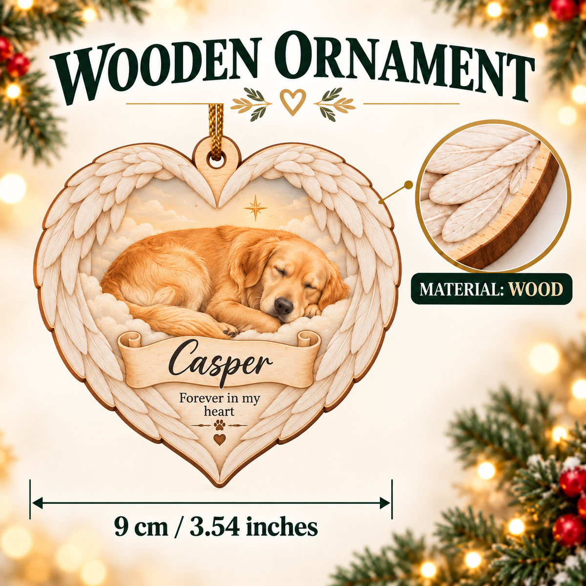 Custom Pet Photo & Name Sleeping Angel Double-Side Printed Wooden Ornament