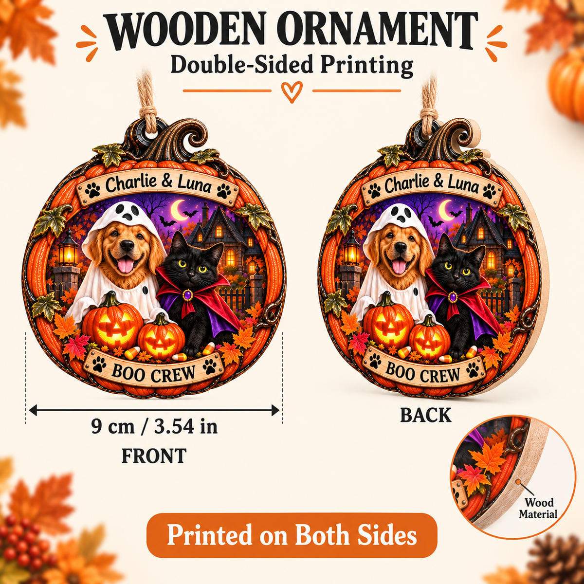 Personalized Halloween Pumpkin Custom Pet  Photo & Name Double-Side Printed Wooden Ornament