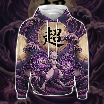 Anime PKM Mewtwo Japanese Kanji Aesthetic All Over Printed Sweatshirt Hoodie Zip Hoodie T-Shirt