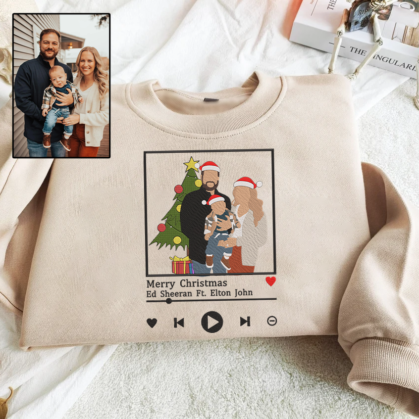 Christmas Embroidered Family Photo And Song Hoodie Sweatshirt T-Shirt