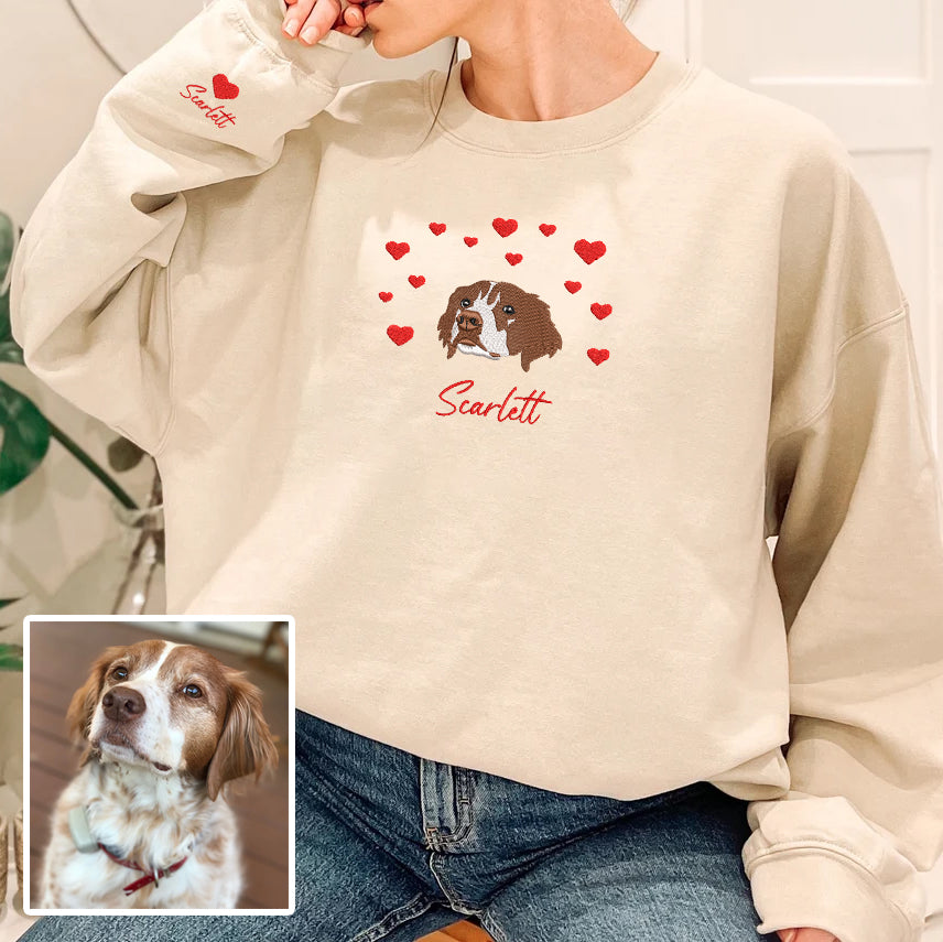 Personalized Embroidered Pet Dog Cat With Hearts Hoodie Sweatshirt T-Shirt