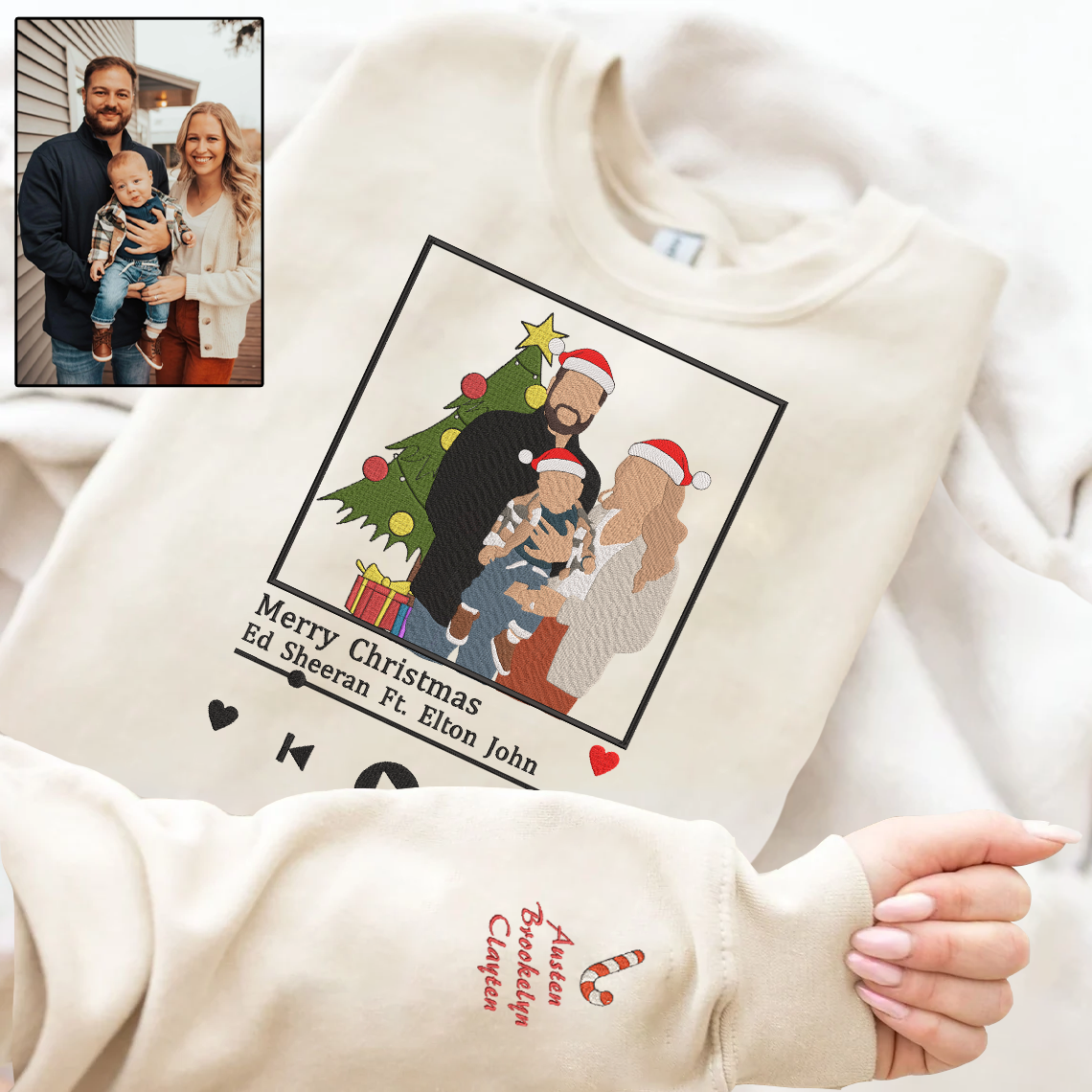 Christmas Embroidered Family Photo And Song Hoodie Sweatshirt T-Shirt