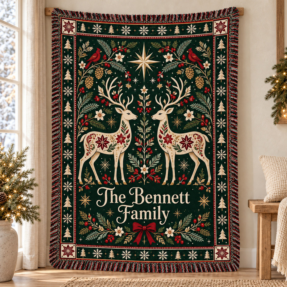Personalized Christmas Deer Woven Blanket, Custom Family Name Throw, Nordic Folk Art Holiday Decor