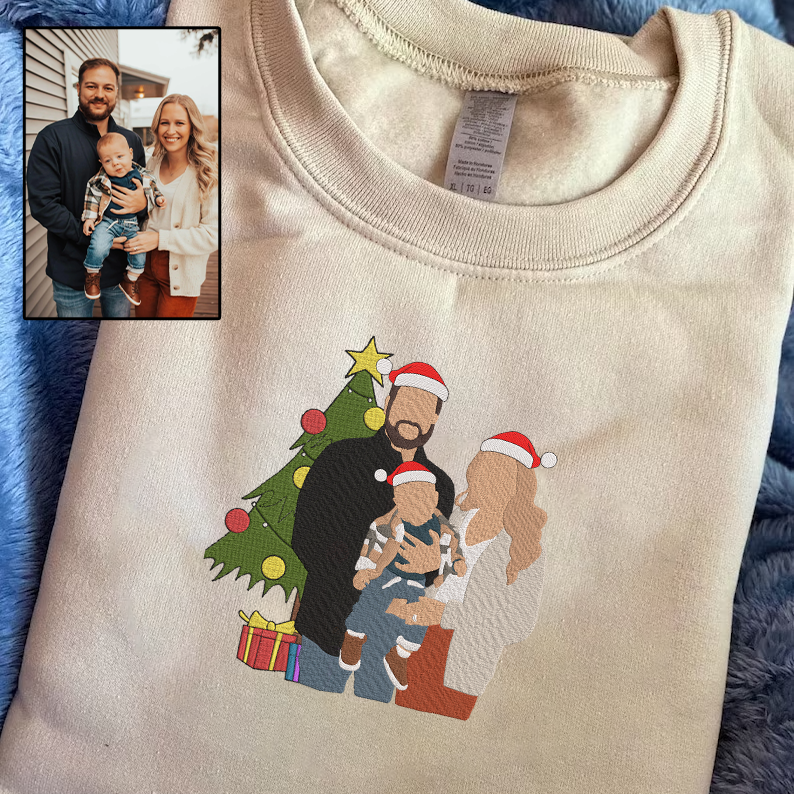 Christmas Embroidered Family Photo Hoodie Sweatshirt T-Shirt