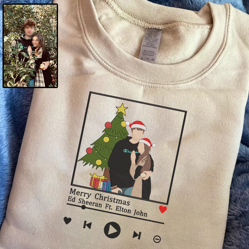 Christmas Embroidered Couple Photo And Song Hoodie Sweatshirt T-Shirt