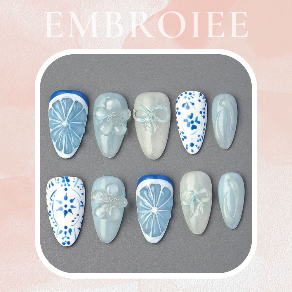 Blue Marble Lemonade Hand-painted Press On Nails