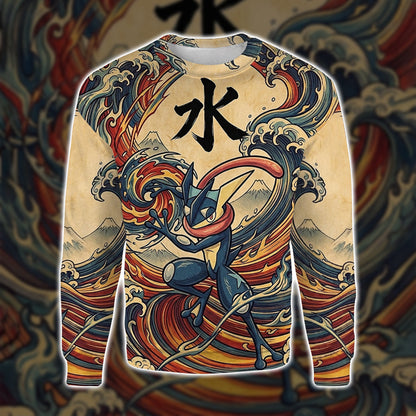 Anime PKM Greninja Japanese Kanji Aesthetic All Over Printed Sweatshirt Hoodie Zip Hoodie T-Shirt